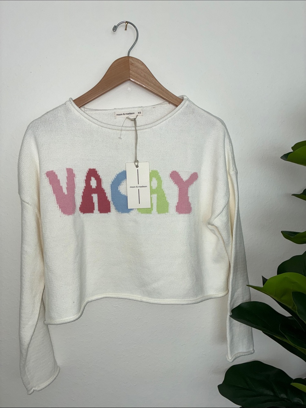 VACAY Cropped Knit Sweater - White with Pastel Lettering